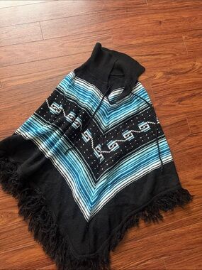 Striped Black & Blue Fringe Poncho